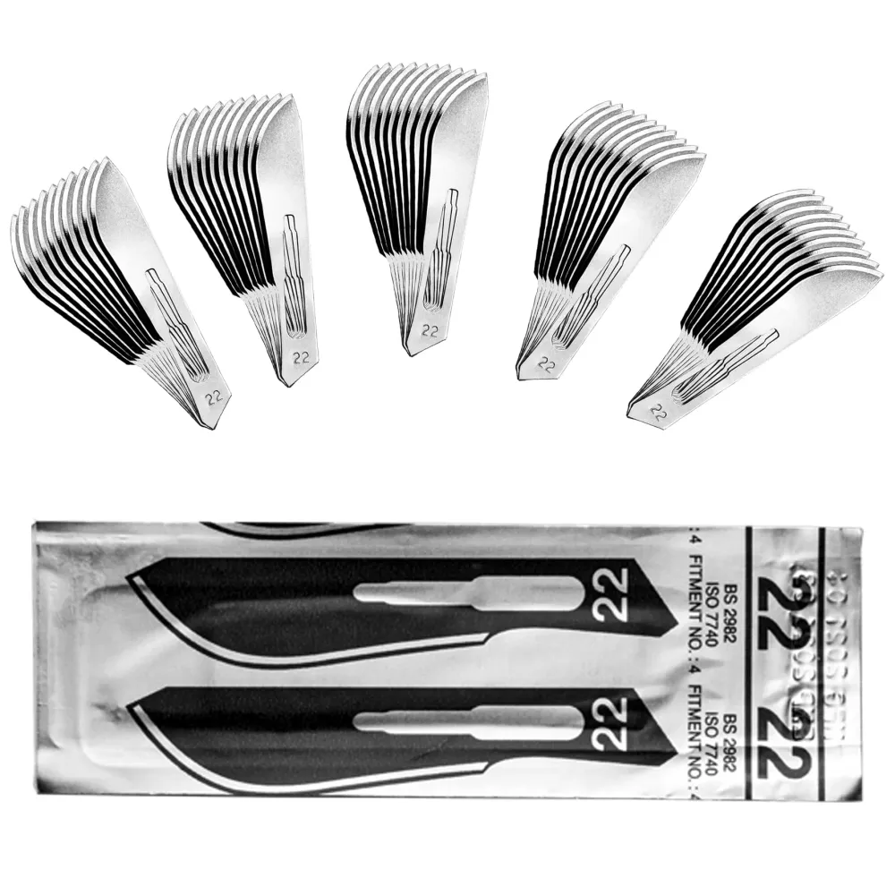 Set - 50 stycken skalpellsblad figur 22 av kolstål - reservblad individuellt sterilt förpackade + 1 x May - skalpellhållar...