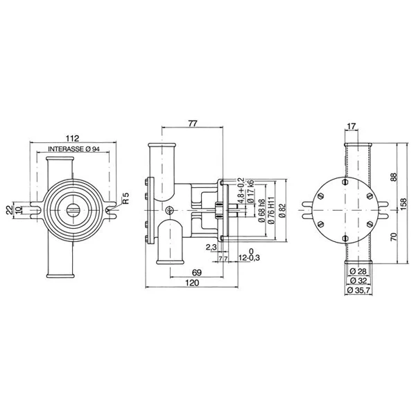 SeaTec, Kylvattenpump med fläns, Passar motor ST160, Impeller 1515106, Packning 1515298
