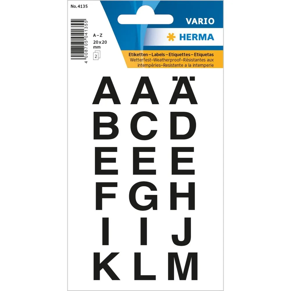 Märketikett Herma Vario 4135 Bokstäver -Z 15mm, 20x20mm, Svart/Transparent, 2 ark/fp