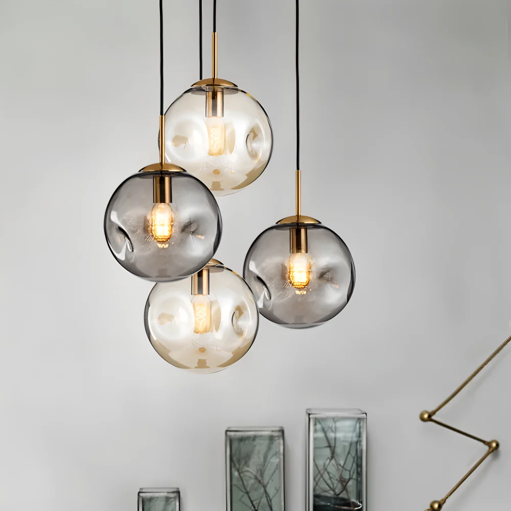 AmberGleam – Antik Pendellampa i Champagnegrått Glas & Krom 25