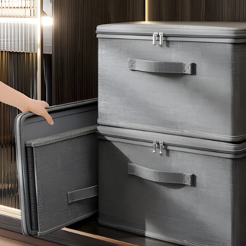 Grå Tygförvaringsbox med Lock – Fällbar Klädesbox, Tvättbar