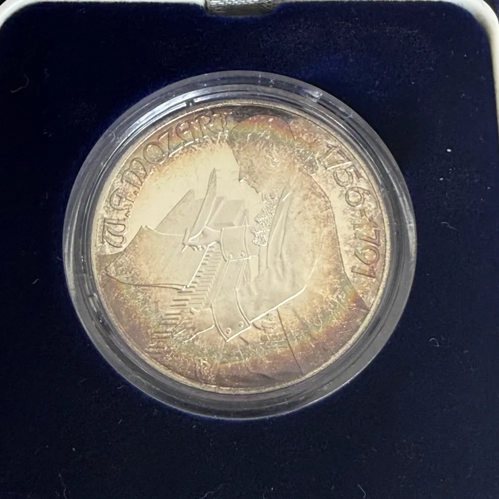 Silvermynt 100 österrikiska shilling Wolfgang Amadeus Mozarts 200:e död 1991