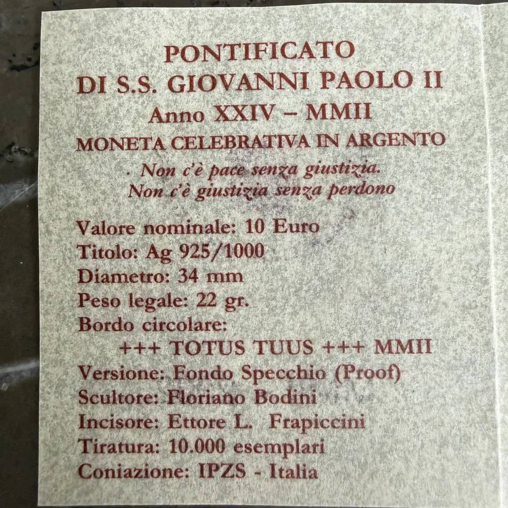 Silvermynt 10€ Pontificate His Helighet Johannes Paulus II år XXIV 2002