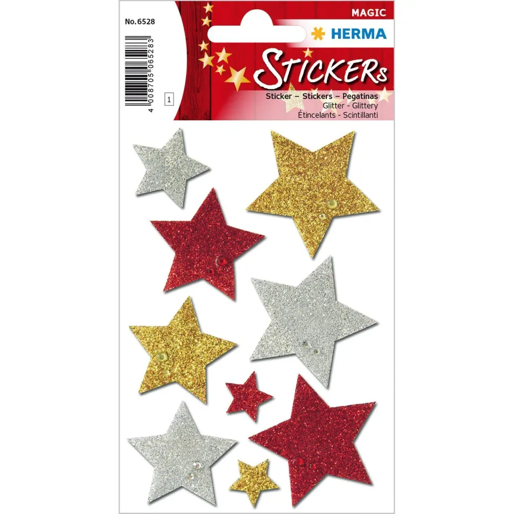 Dekorationsetiketter Stickers Herma Magic 6528, Stjärnor, Glitter, Tre färger, 9 etiketter/fp