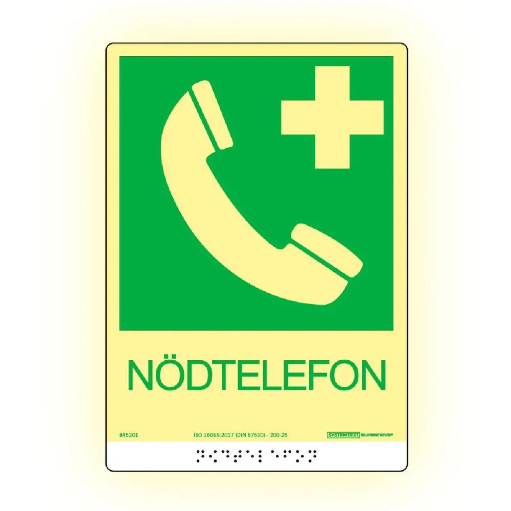 Färgefterlysande taktil skylt "nödtelefon" Supernova®