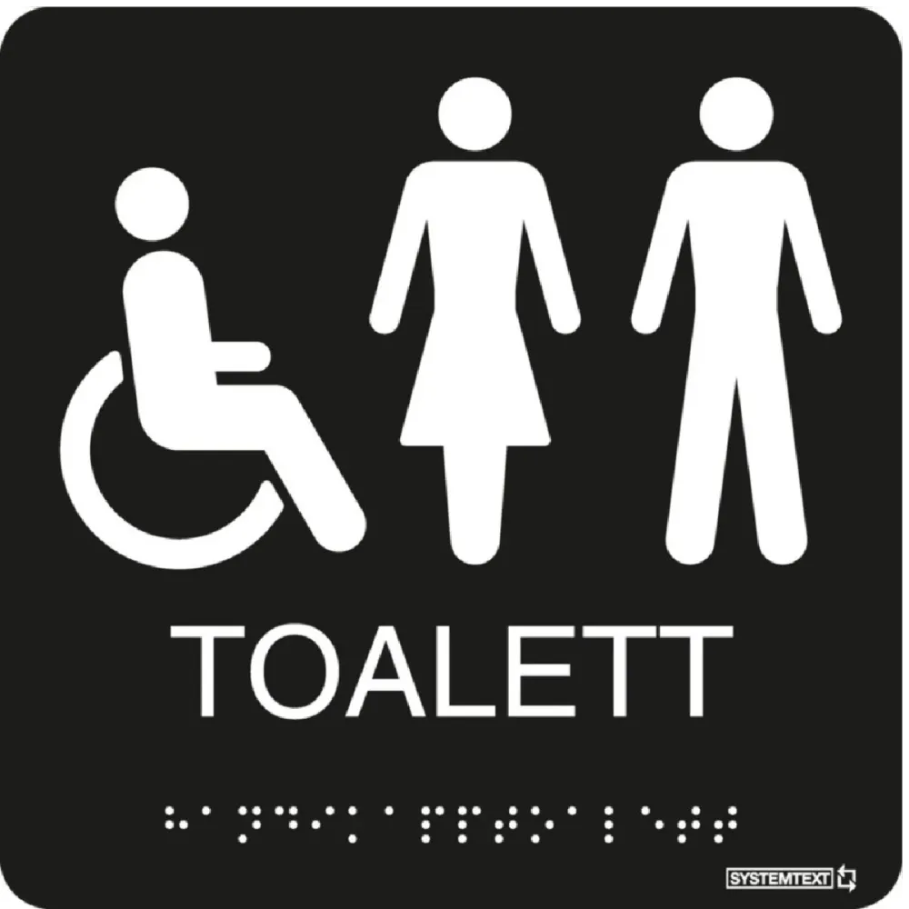 Taktil skylt "Toalett Rullstol/Dam/Herr" Svart