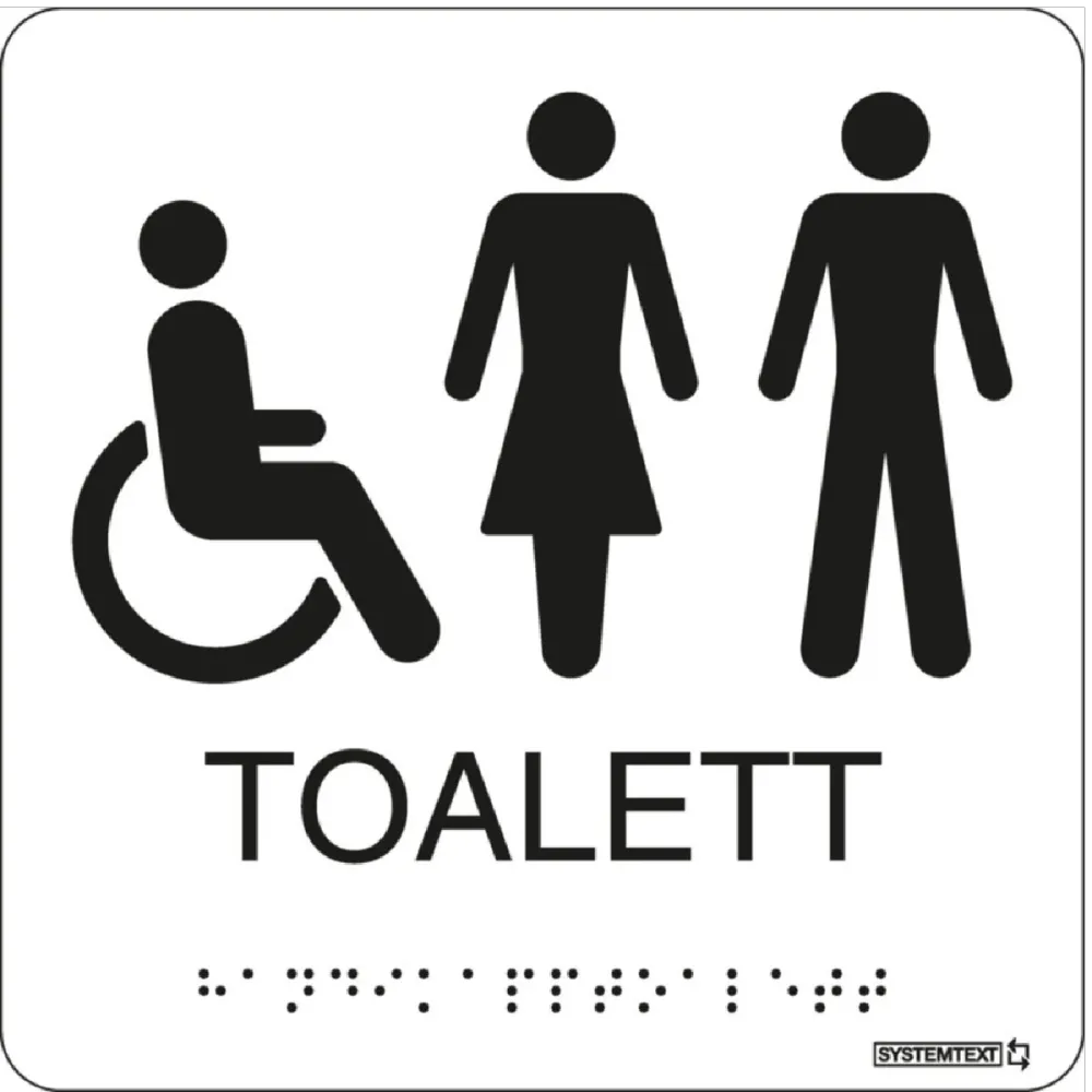 Taktil skylt "Toalett Rullstol/Dam/Herr" Vit