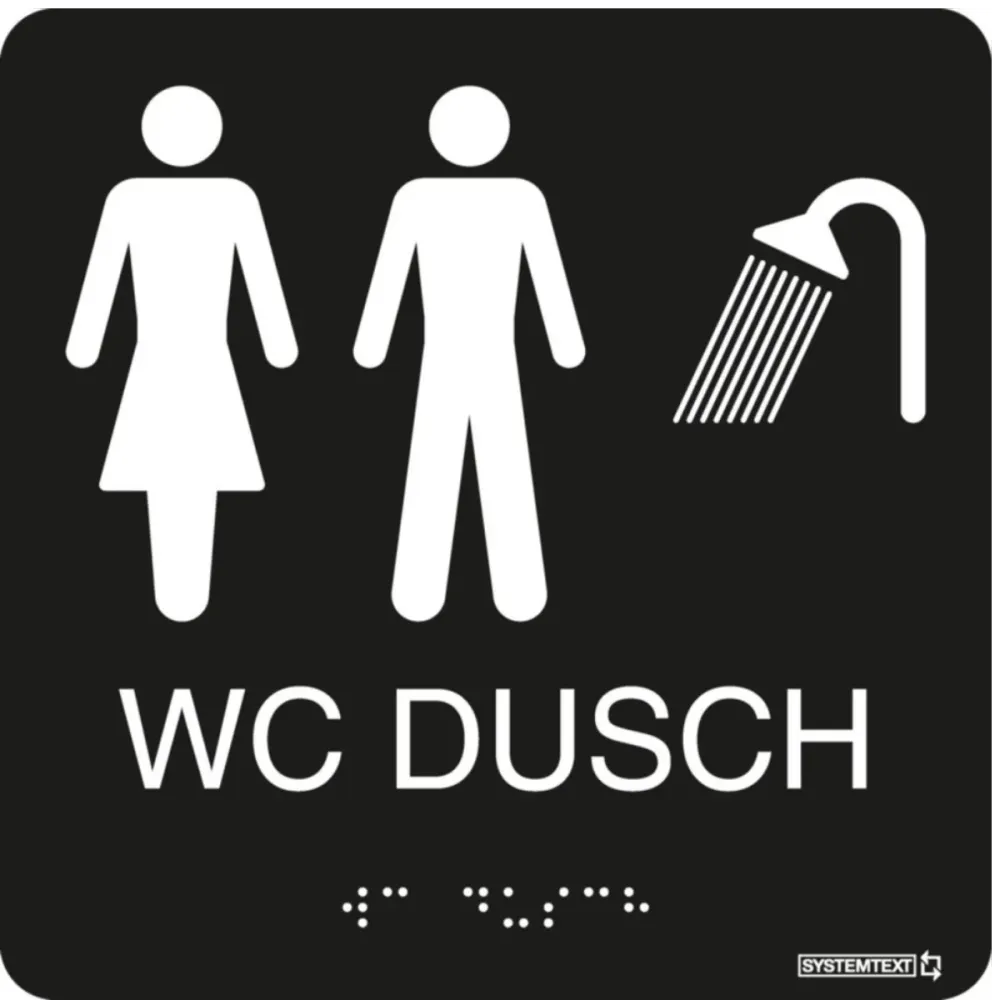 Taktil skylt "WC/Dusch Dam/Herr" Svart