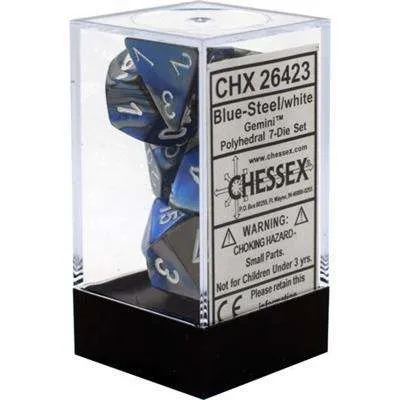 Chessex Gemini Polyhedral 7-Die Ordna - Blå-Stål med vit