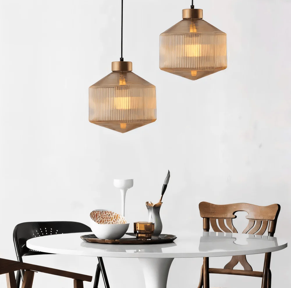 GeomGlass Taklampa - Gammaldags Rökgrå och Bärnstensfärgad Taklampa med Ribbor 25cm