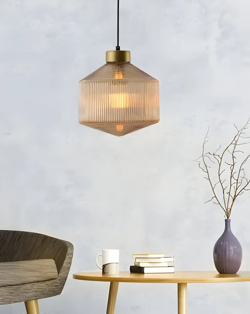 GeomGlass Taklampa - Gammaldags Rökgrå och Bärnstensfärgad Taklampa med Ribbor 25cm