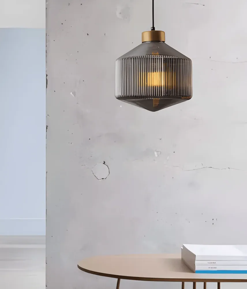GeomGlass Taklampa - Gammaldags Rökgrå och Bärnstensfärgad Taklampa med Ribbor 25cm