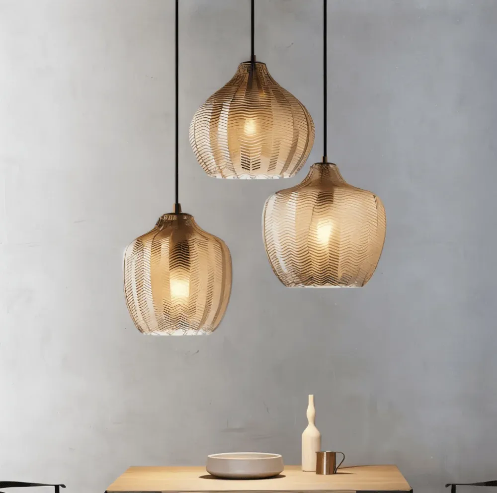 ZigLume Taklampa - Hänglampa i Vintage Träkol Brunt Ribbat Glas
