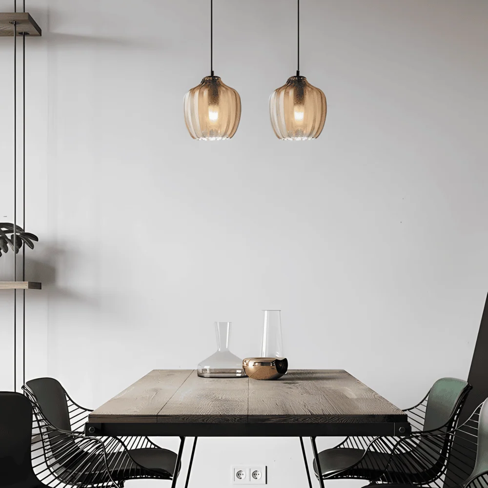 ZigLume Taklampa - Hänglampa i Vintage Träkol Brunt Ribbat Glas