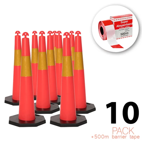 (10-pack) Flexibarrier T-Top Vägkon med 8 kg bas + 500 m avspärrningsband – 115 cm