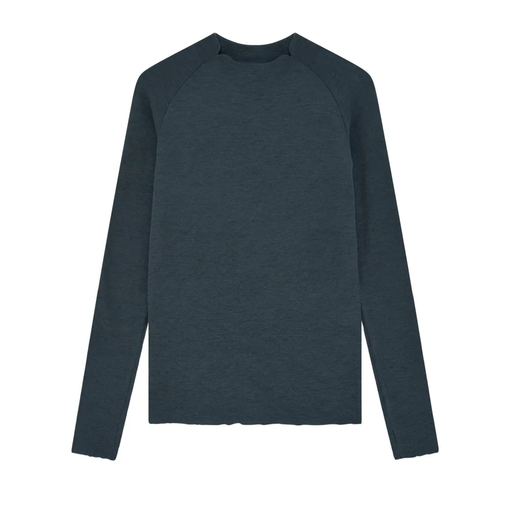 Långärmad merinoulltröja med raglanärm och tumhål - Midnight Blue Melange S