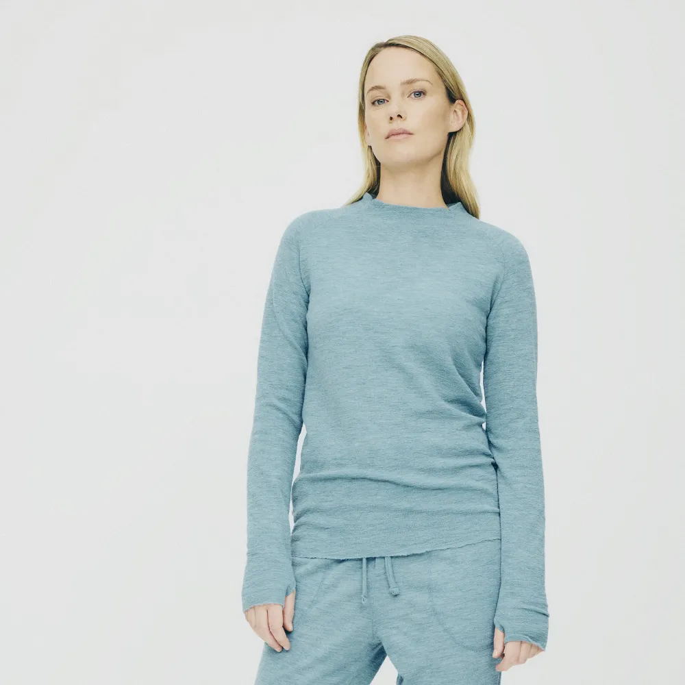 Långärmad merinoulltröja med raglanärm och tumhål - Midnight Blue Melange S