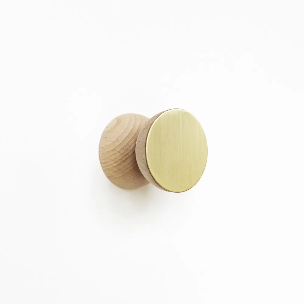 Heavy Duty Beech Wood & Brass Wall Hook / Knob