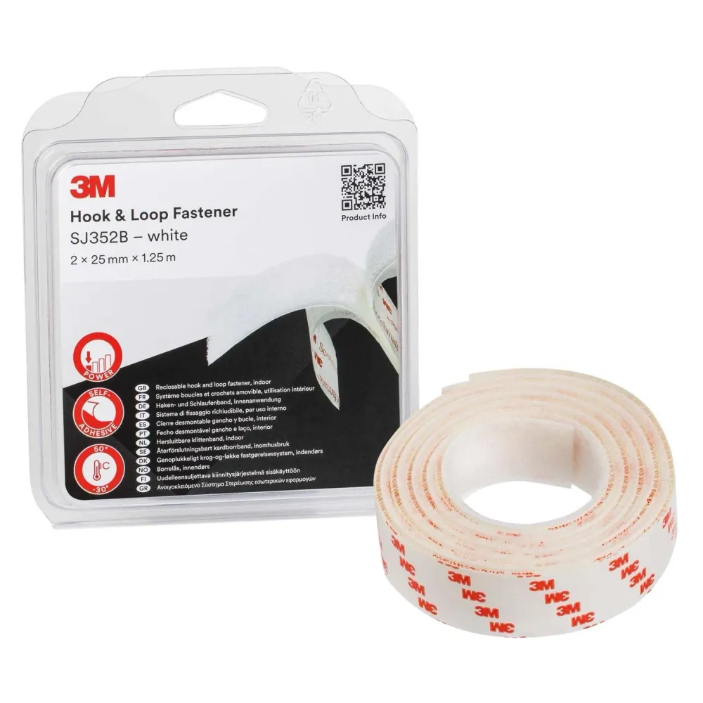 Kardborreband 25 mm x 1,25 meter 3M Vit