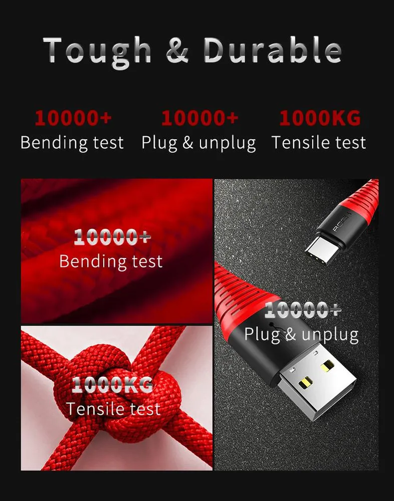 ROCK Hi-Tensile USB TYPE-C kabel 1m Black