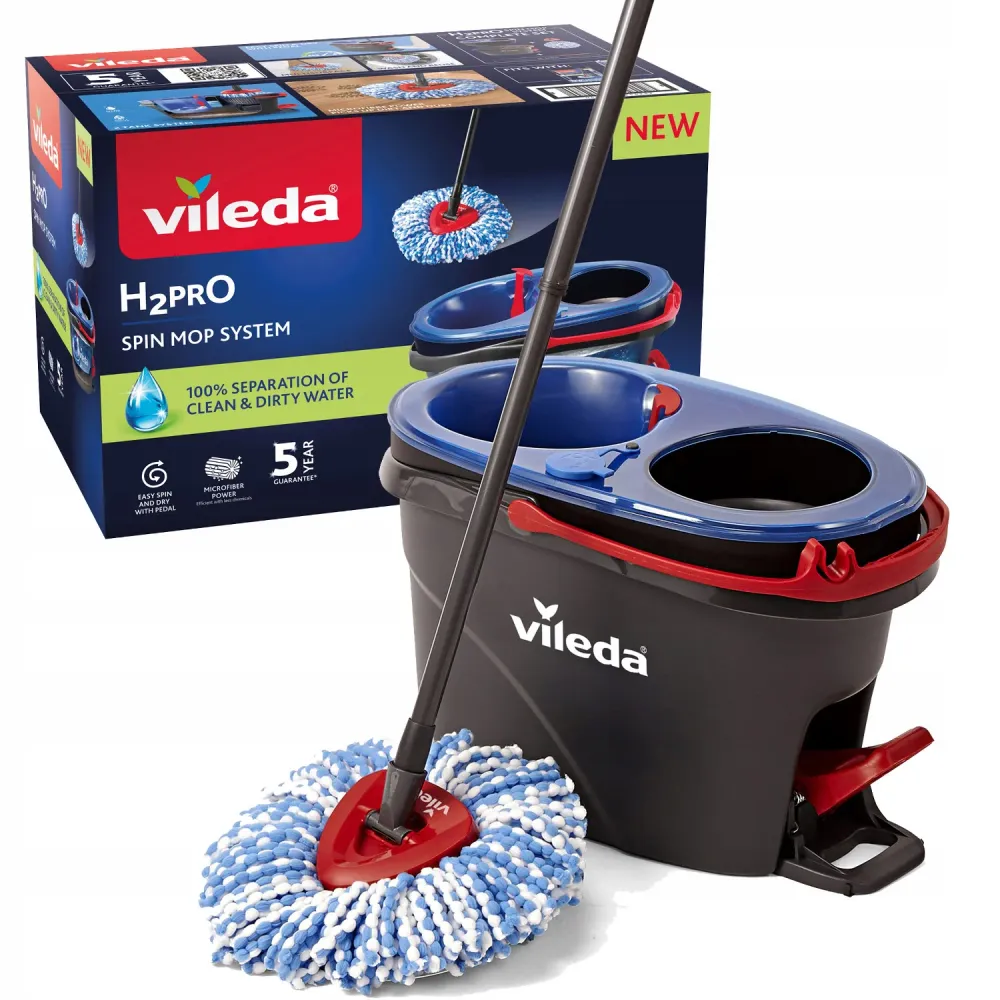 Vileda roterande mopp, två kammare, centrifugeringssystem, vikbart skaft, effortless rengöring av hörn, turbo H2prO