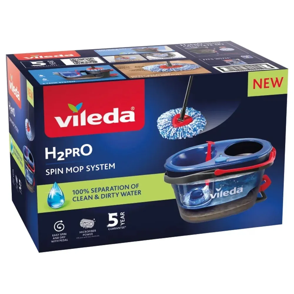 Vileda roterande mopp, två kammare, centrifugeringssystem, vikbart skaft, effortless rengöring av hörn, turbo H2prO
