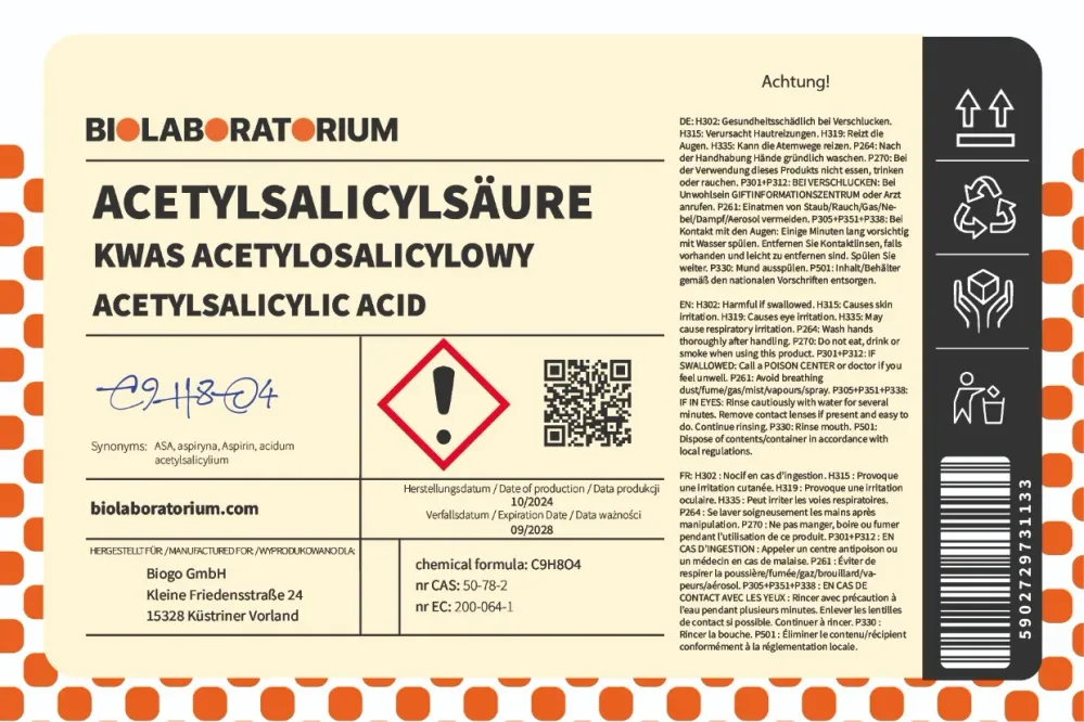 Acetylsalicylsyra Aspirin C9H8O4 25kg BIOLABORATORIUM
