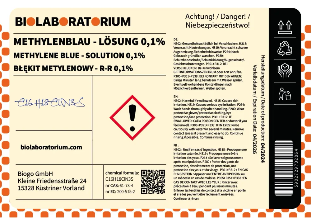 Lösning av METHYLENBLÅ 0,1% – ren 100 ml BIOLABORATORIUM