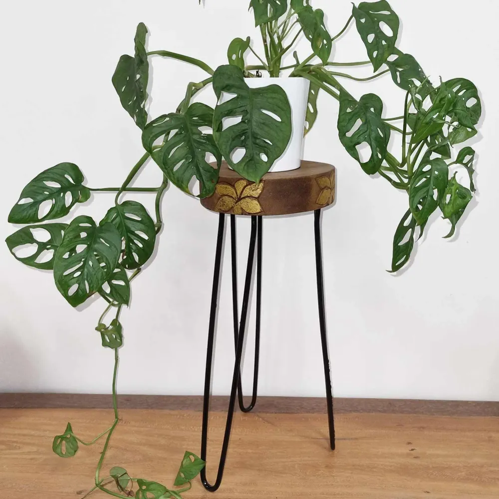 Albasia Wood Plant Stand - Natural & aurum detail
